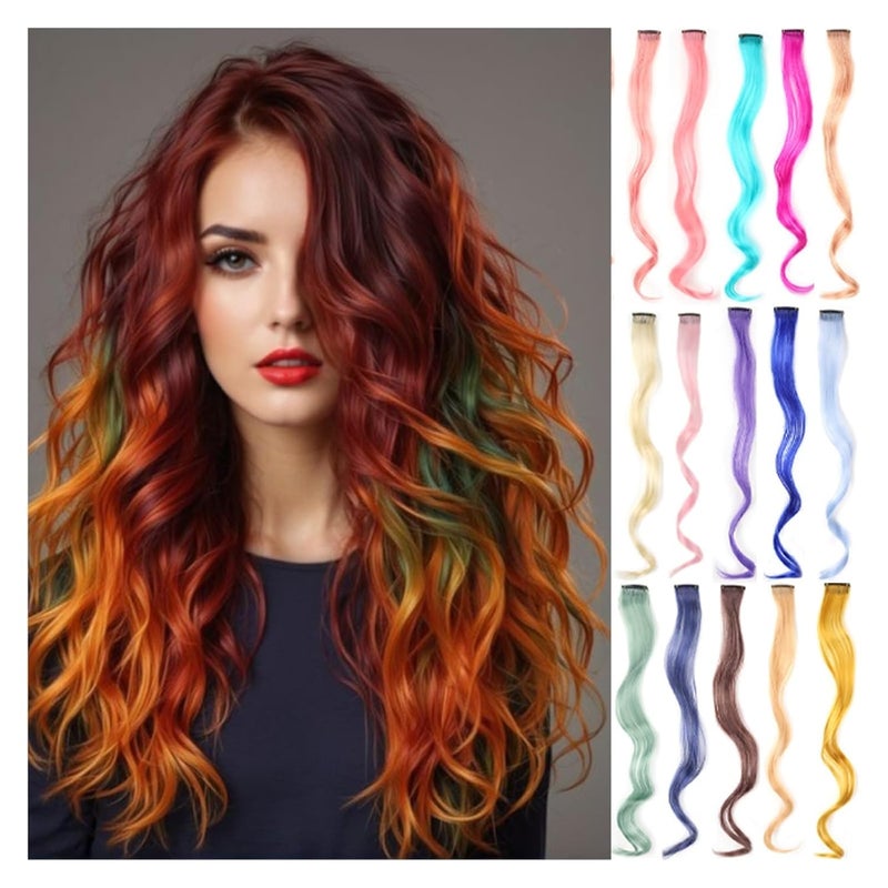 20 Inch Colourful Curly Wavy Party Highlights Clip-in Synthetic Hairpieces for Women – 8 Pack(Q5) - Image 2