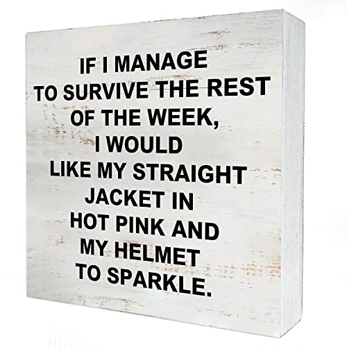 Yigaue If I Manage to Survive the Rest of the Week Wooden Box Sign with Saying Desk Decor 5 x 5 Inch Funny Office Box Sign Wood Plaque Block Sign Rustic Home Office Decor Coworker Gift - Image 1