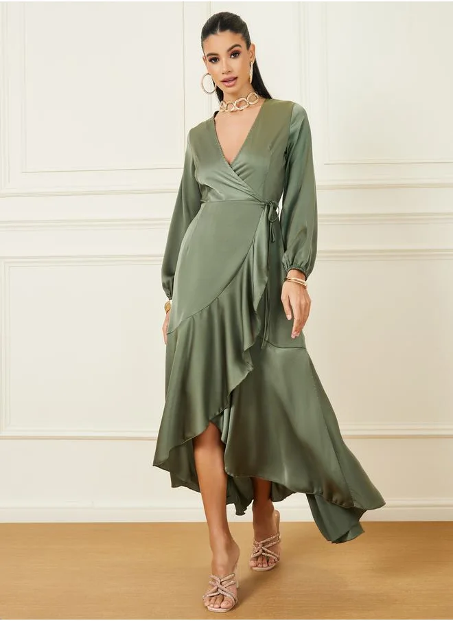 Styli Frill Hem Wrap Maxi Dress with Tie-Up