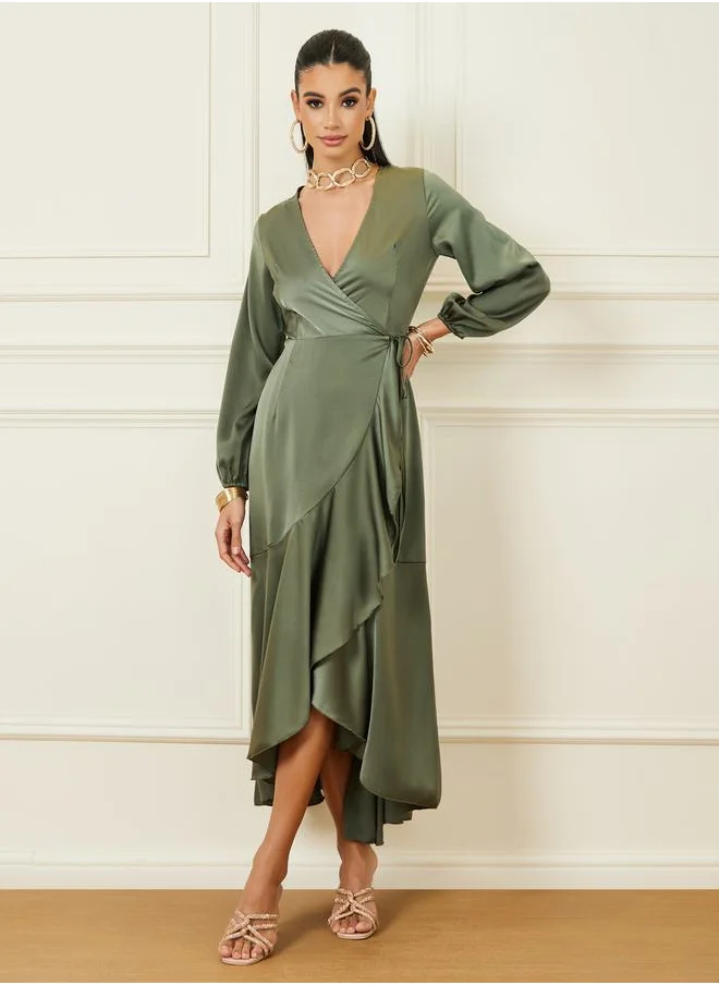 Styli Frill Hem Wrap Maxi Dress with Tie-Up