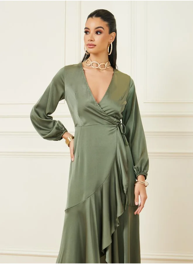 Styli Frill Hem Wrap Maxi Dress with Tie-Up