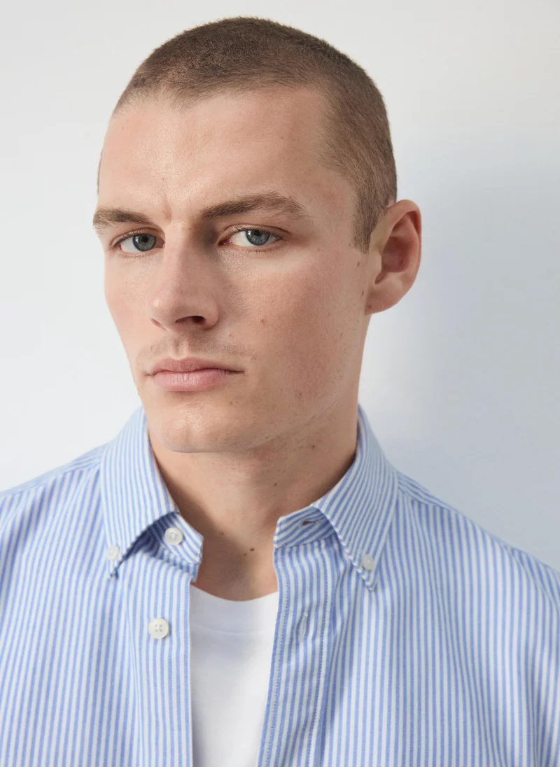 Mango Man 56-NAVY 100% Cotton Striped Shirt for Men | Best Price UAE