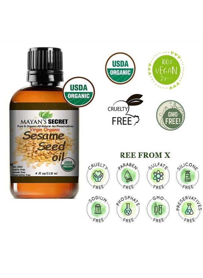Mayan's Secret - USDA Certified Virgin Organic Sesame Seed Oil Unrefined 100% Pure Natural For Skin, Body, Face, and Hair Growth Moisturizer. Great For Creams, Lotions, Lip balm and Soap Making Large 4oz Glass Bottle - Image 1