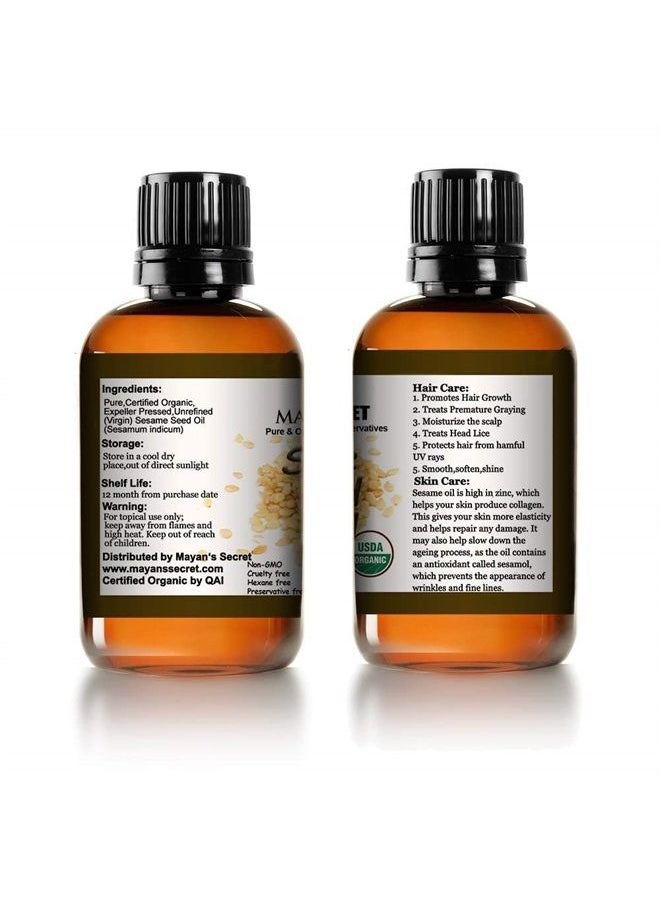 Mayan's Secret - USDA Certified Virgin Organic Sesame Seed Oil Unrefined 100% Pure Natural For Skin, Body, Face, and Hair Growth Moisturizer. Great For Creams, Lotions, Lip balm and Soap Making Large 4oz Glass Bottle - Image 1
