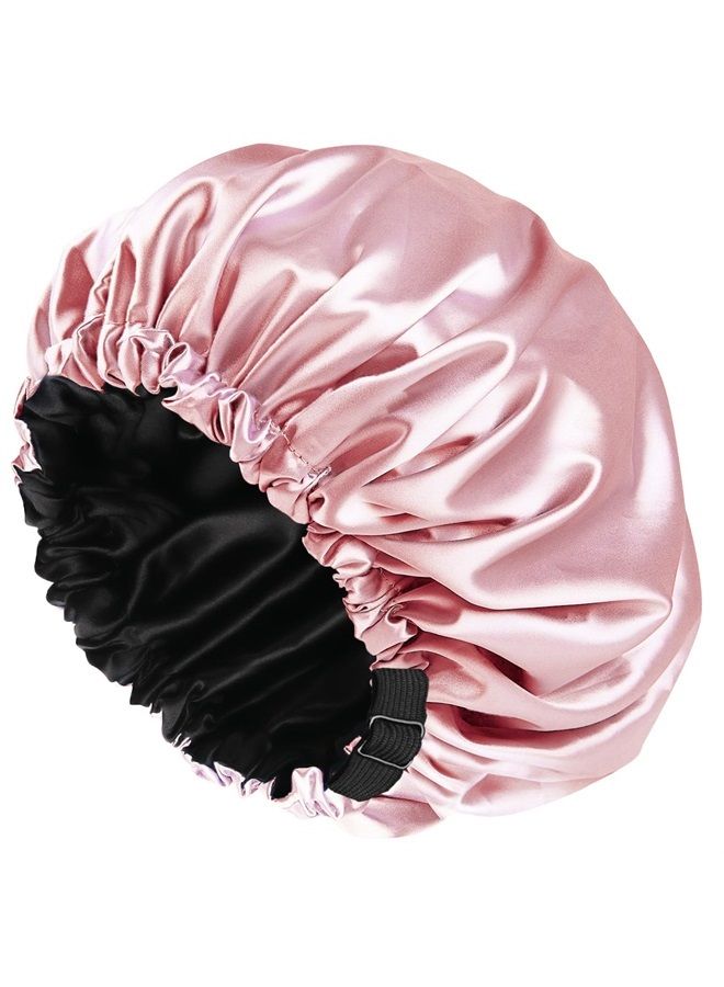 Amamba Lined Shower Cap,Double Layer Satin Fabric,Adjustable Size, Washable & Breathable,Waterproof，Reusable,Hair Shower Cap for Women-Pink - Image 1