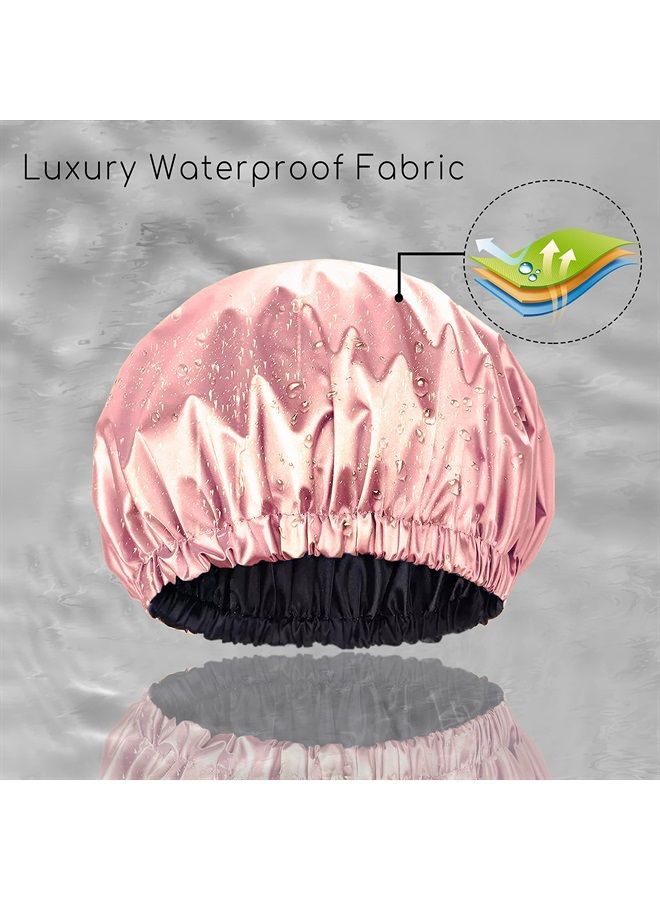 Amamba Lined Shower Cap,Double Layer Satin Fabric,Adjustable Size, Washable & Breathable,Waterproof，Reusable,Hair Shower Cap for Women-Pink - Image 2