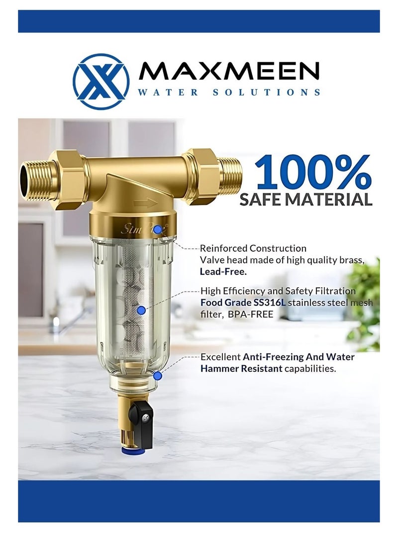 ماكسمين فلتر مياه مسبق 1"-3/4" للمنزل – شبك ستانلس ستيل لإزالة الرواسب – بدون كهرباء - Image 3
