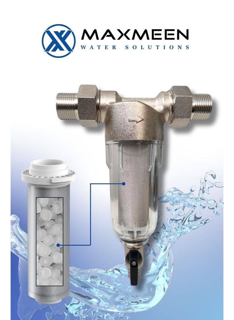 ماكسمين فلتر مياه مسبق 1"-3/4" للمنزل – شبك ستانلس ستيل لإزالة الرواسب – بدون كهرباء - Image 2