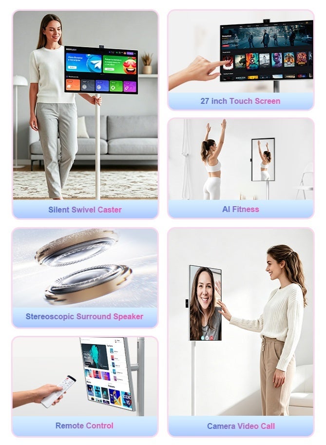 VLH 27″ FHD Touch Screen Rolling TV, Smart Portable TV on Wheels, 6G+128GB, 27000mAh Battery, Android 15 OS, EDLA-Certified, Wireless Tablet TV with Voice Remote Control, Built-in 13MP Camera - Image 3