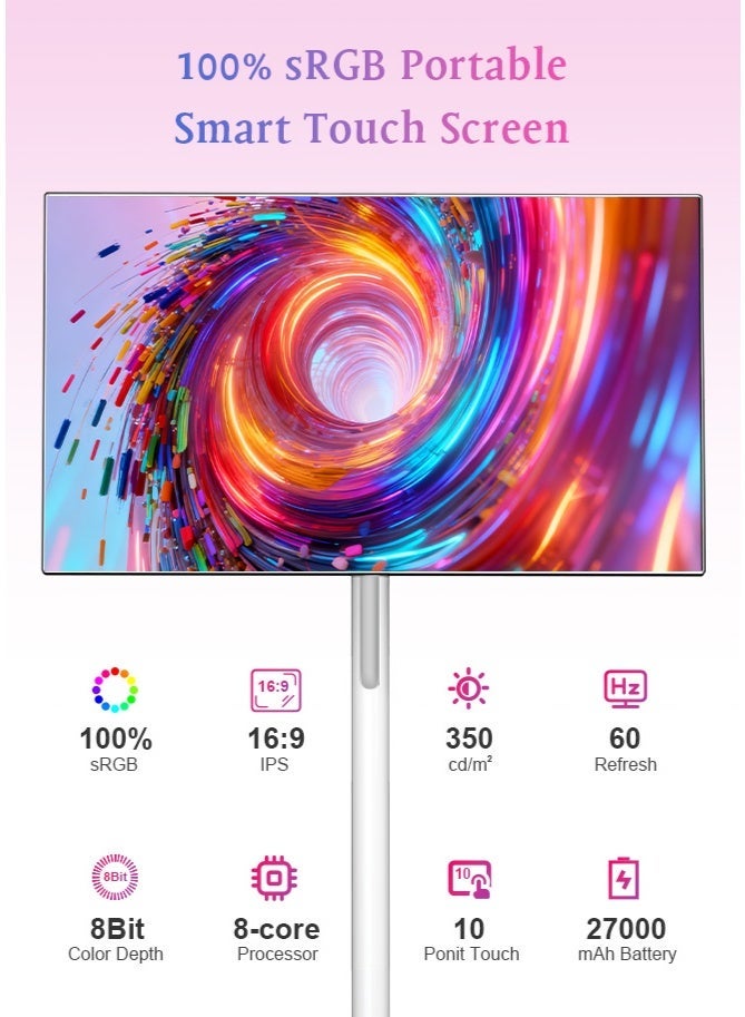 VLH 27″ FHD Touch Screen Rolling TV, Smart Portable TV on Wheels, 6G+128GB, 27000mAh Battery, Android 15 OS, EDLA-Certified, Wireless Tablet TV with Voice Remote Control, Built-in 13MP Camera - Image 2