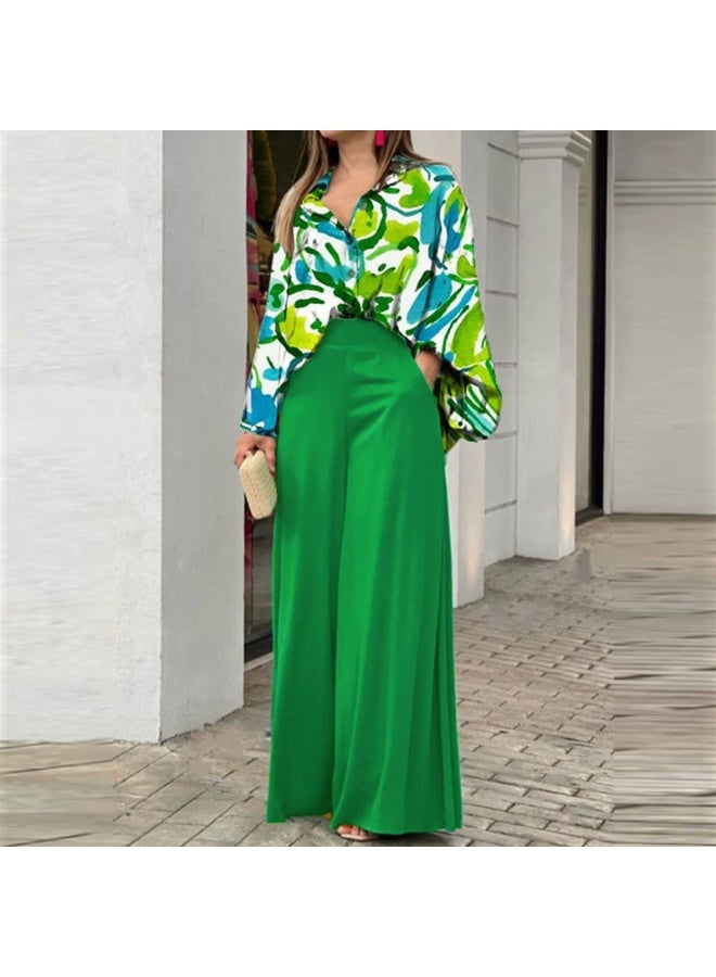 general 2025-2026 Women's set loose large size casual printed shirt solid color wide leg pants two-piece set - Image 1