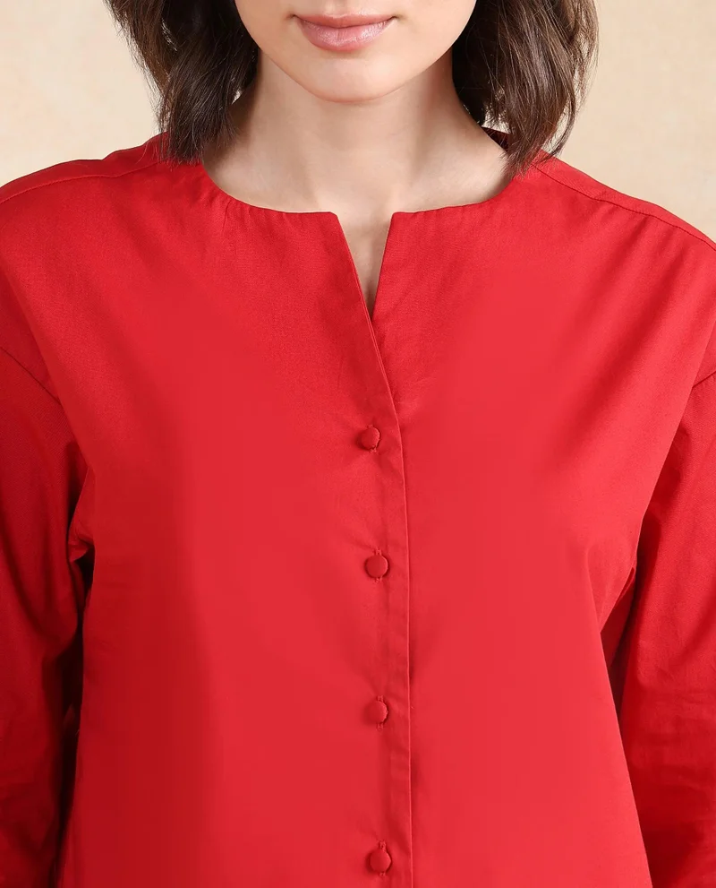 Rareism Women's Cuffed Sleeve Round Neck Button Plain Top