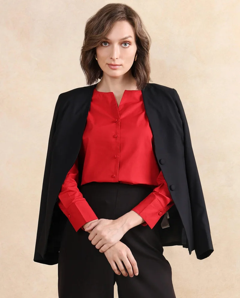 Rareism Women's Cuffed Sleeve Round Neck Button Plain Top