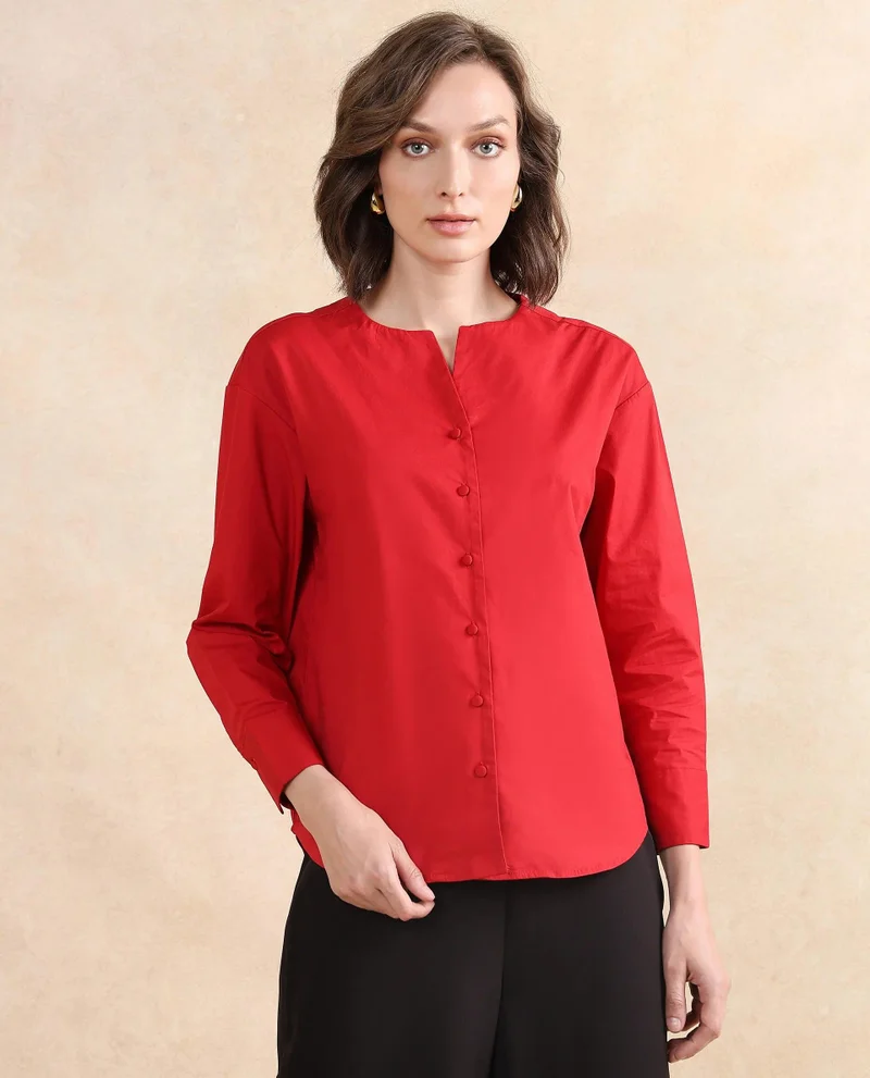 Rareism Women's Cuffed Sleeve Round Neck Button Plain Top