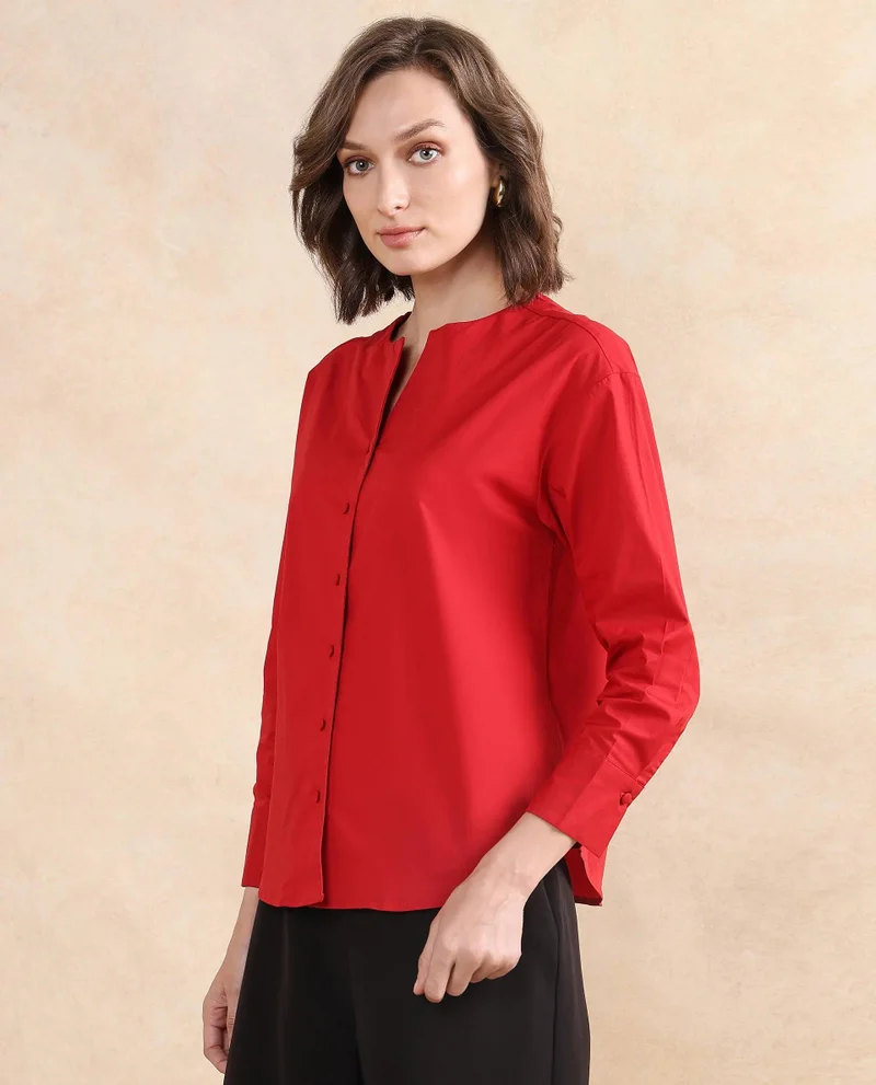Rareism Women's Cuffed Sleeve Round Neck Button Plain Top