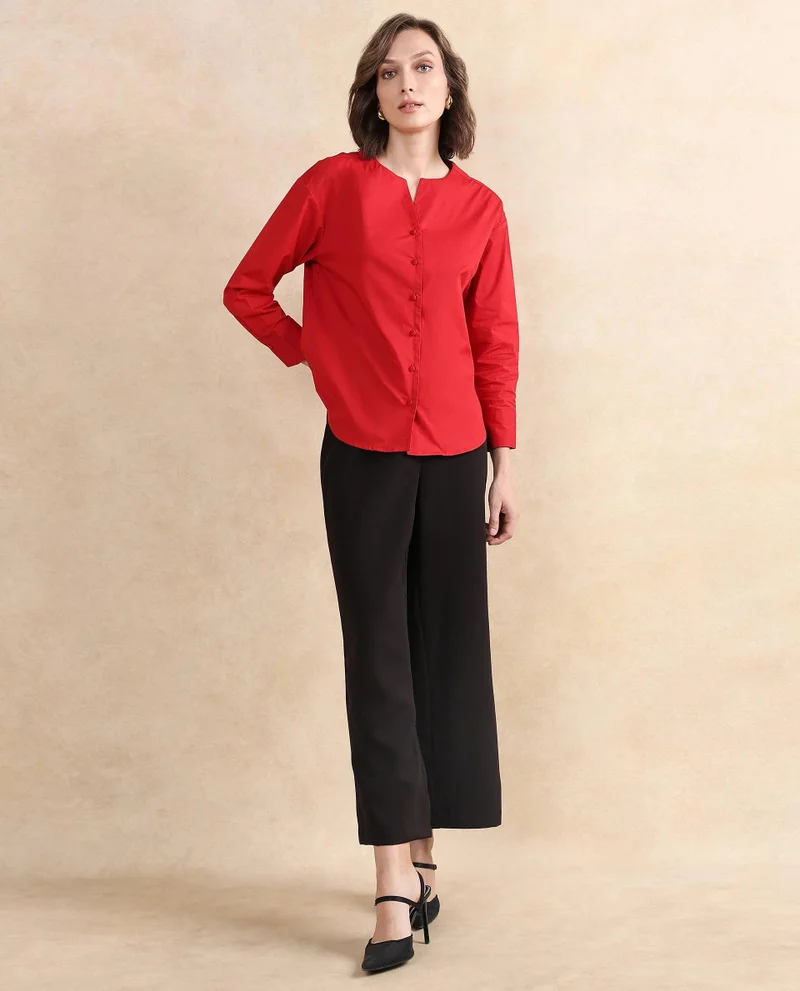 Rareism Women's Cuffed Sleeve Round Neck Button Plain Top
