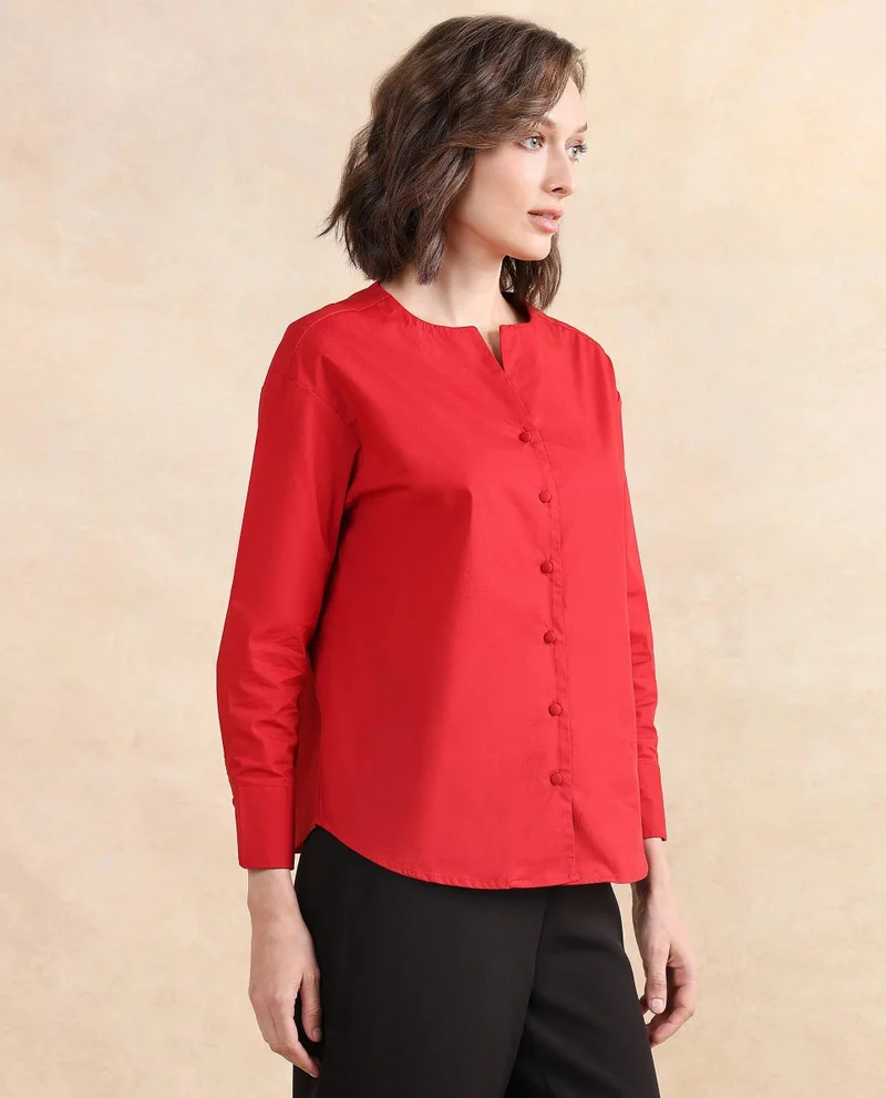 Rareism Women's Cuffed Sleeve Round Neck Button Plain Top