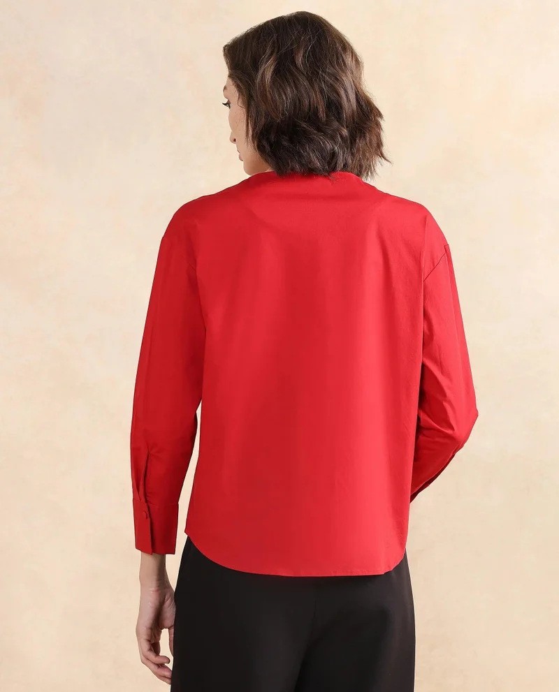 Rareism Women's Cuffed Sleeve Round Neck Button Plain Top