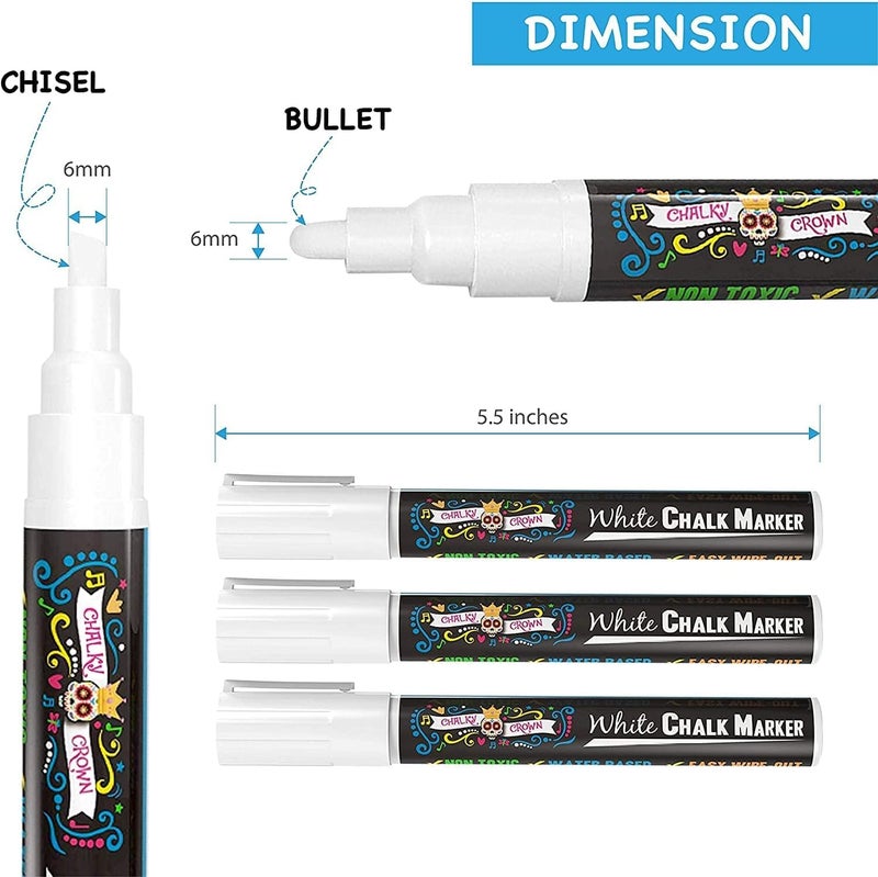 CHALKY CROWN قلم ماركر سائل تشالكي كراون - طباشير رسم أبيض - ماركرات لوحات الطباشير للعلامات، النوافذ، السبورة، الزجاج - طرف قابل للعكس 6 مم (5 عبوات) - Image 3