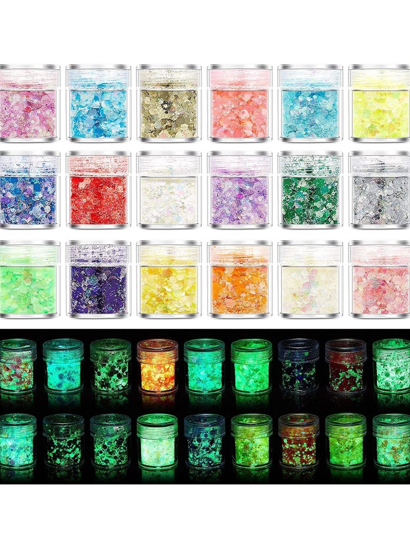 KASTWAVE Glow in The Dark Craft Glitter 18 Colors Holographic Glow Glitter for Tumblers Resin Slime Epoxy Chunky Sequins and Fine Glitter Powder Mix Cosmetic Glitter for Eyeshadow Face Body Hair Nail Arts - Image 1