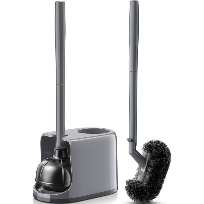 TOILET PLUNGER AND BRUSH SET FOR BATHROOM CLEANING WITH EXTENTED HANDLE HEAVY DUTY TOILET PLUNGER COMBO ACCESSORIES WITH CADDY STAND HOLDER FOR SMALL SPACE GRAY