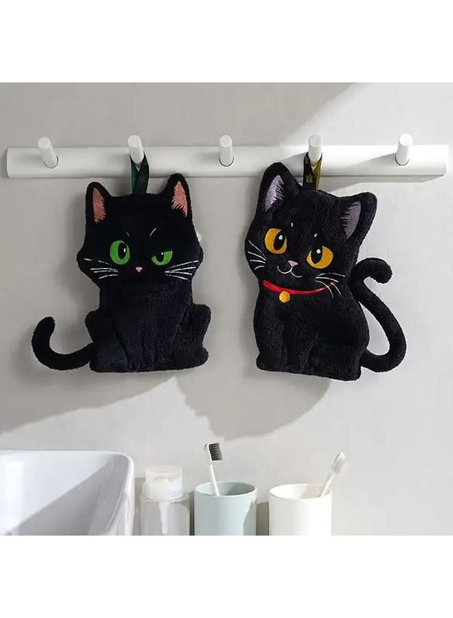 Yellow Eyed Cat Hand Towel Super Absorbent Quick Dry Microfiber Soft Coral Fleece with Hanging Loop - Image 2