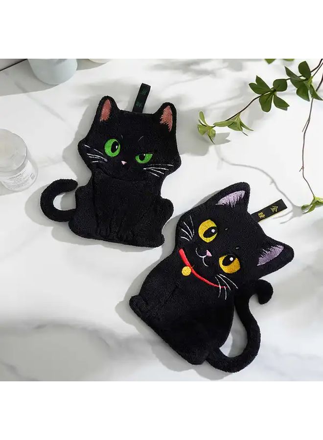 Yellow Eyed Cat Hand Towel Super Absorbent Quick Dry Microfiber Soft Coral Fleece with Hanging Loop - Image 1