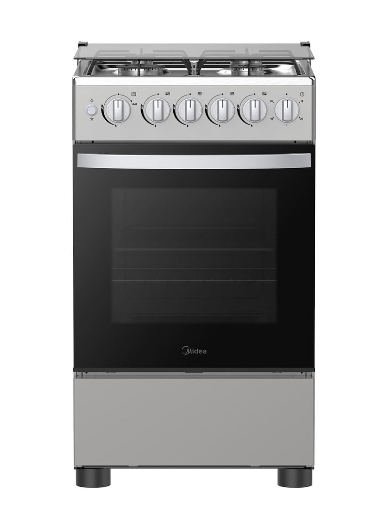 Midea 50x55cm Freestanding Cooker, Full Gas Cooking Range With 4 Burners, Stainless Steel, Automatic Ignition & Full Safety, Cast Iron Pan Support, Heat Resistant Knobs MFO-MG20TESS-FFD Silver - Image 1