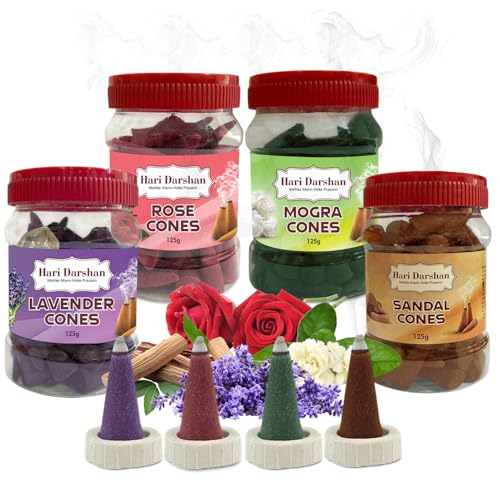 Hari Darshan Dhoop Cones Combo Pack of 4 | Rose Sandal Lavender Mogra | Organic Charcoal-Free Long-Lasting Aromatic Herbal Dhoop Cones for Pooja Meditation & Home Fragrance | Pack of 4 (125g Each) - Image 1