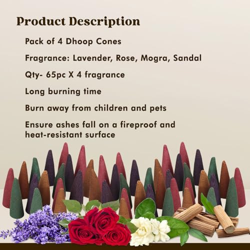 Hari Darshan Dhoop Cones Combo Pack of 4 | Rose Sandal Lavender Mogra | Organic Charcoal-Free Long-Lasting Aromatic Herbal Dhoop Cones for Pooja Meditation & Home Fragrance | Pack of 4 (125g Each) - Image 3