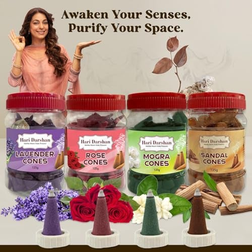 Hari Darshan Dhoop Cones Combo Pack of 4 | Rose Sandal Lavender Mogra | Organic Charcoal-Free Long-Lasting Aromatic Herbal Dhoop Cones for Pooja Meditation & Home Fragrance | Pack of 4 (125g Each) - Image 2