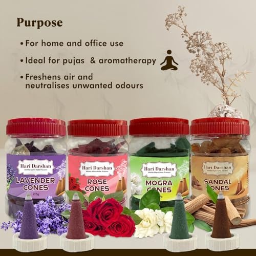 Hari Darshan Dhoop Cones Combo Pack of 4 | Rose Sandal Lavender Mogra | Organic Charcoal-Free Long-Lasting Aromatic Herbal Dhoop Cones for Pooja Meditation & Home Fragrance | Pack of 4 (125g Each) - Image 5