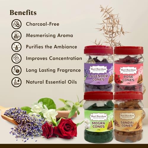 Hari Darshan Dhoop Cones Combo Pack of 4 | Rose Sandal Lavender Mogra | Organic Charcoal-Free Long-Lasting Aromatic Herbal Dhoop Cones for Pooja Meditation & Home Fragrance | Pack of 4 (125g Each) - Image 4