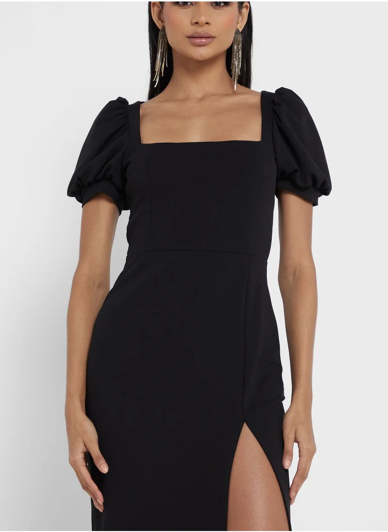 John Zack Puff Sleeve Side Slit Dress