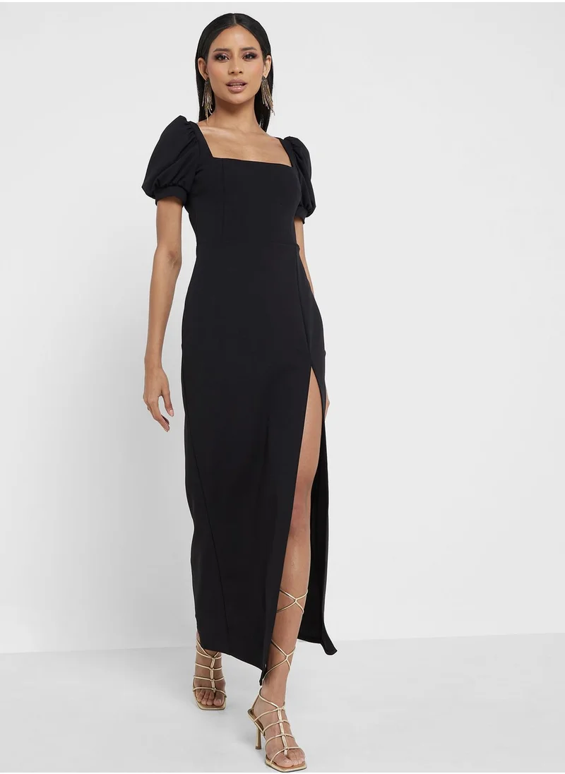 John Zack Puff Sleeve Side Slit Dress