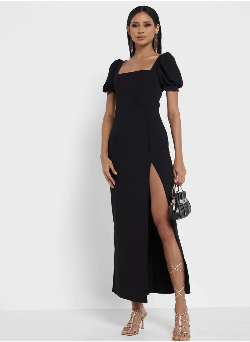 John Zack Puff Sleeve Side Slit Dress