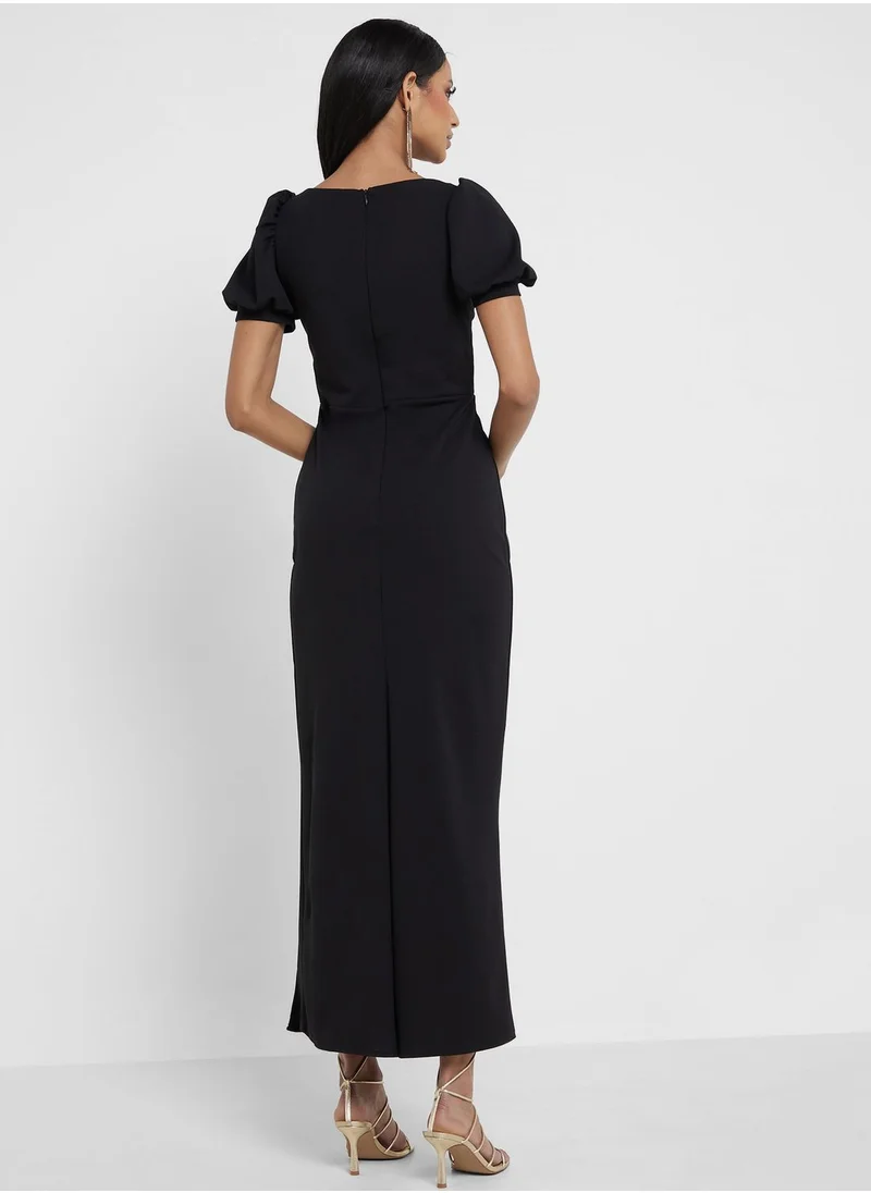 John Zack Puff Sleeve Side Slit Dress