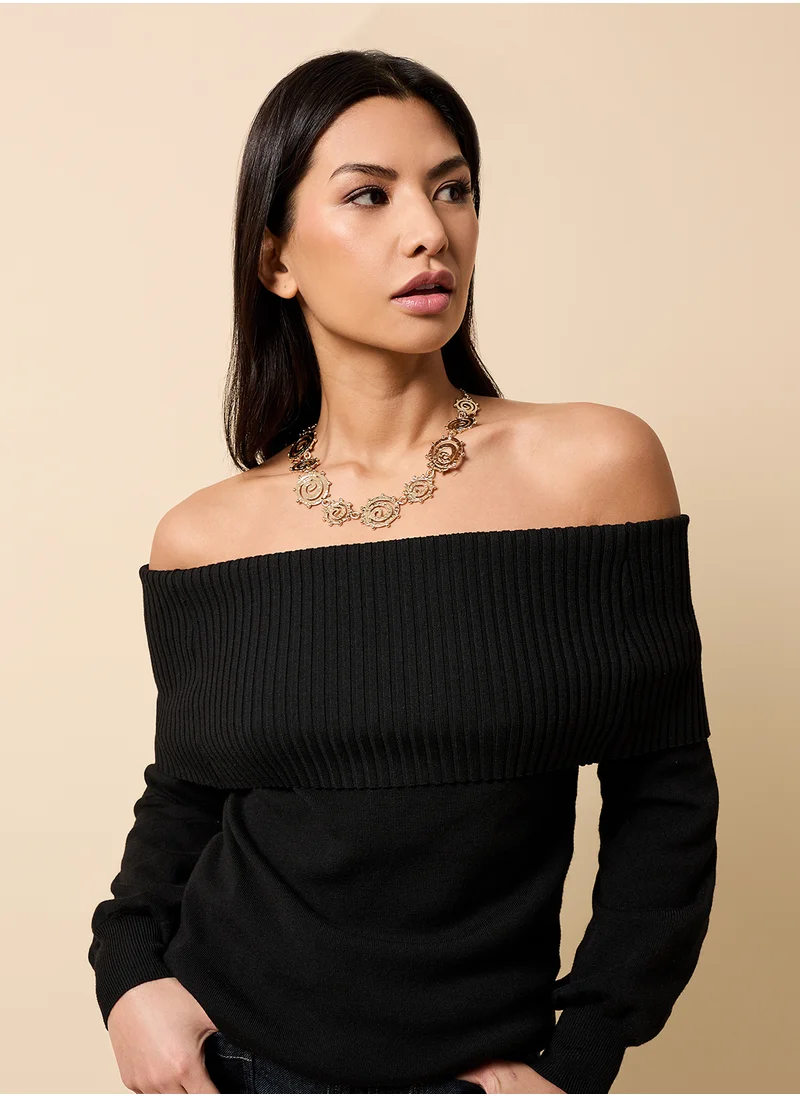 Little Mistress Ribbed Detail Off Shoulder Top
