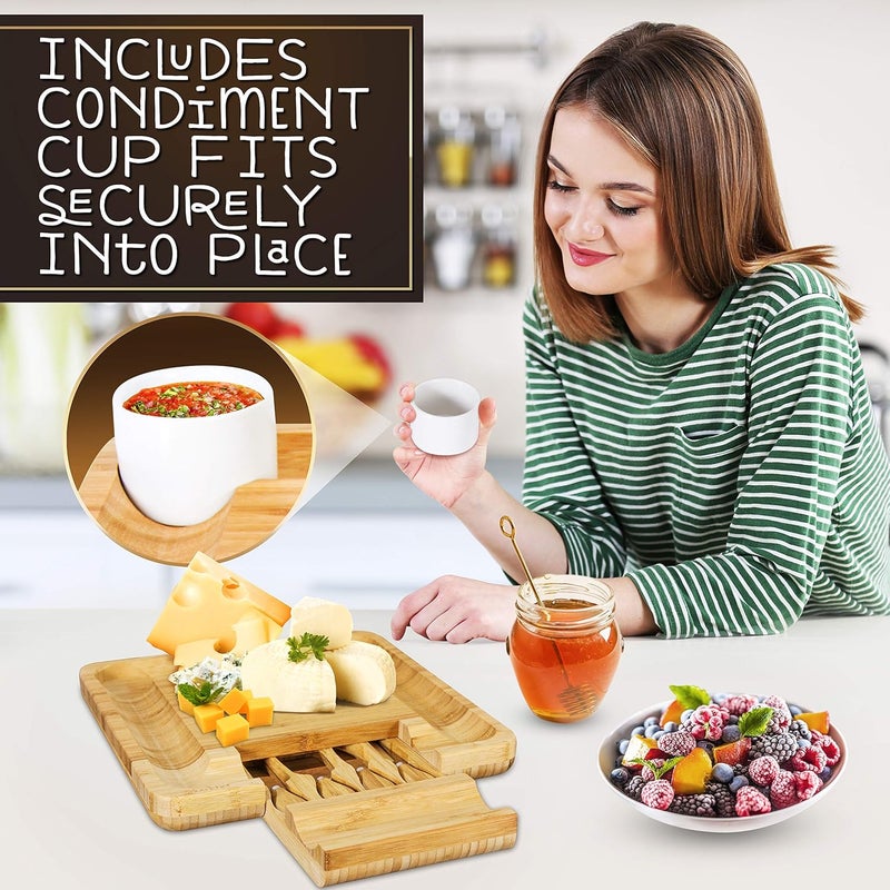 NutriChef طقم لوح الجبن الطبيعي من نوتري شيف من الخيزران مع كوب التوابل الإضافي بحجم كبير جداً 100 لوح خشبي عضوي منزلي وصينية تشاركوتيري مع 4 قطع سكين تقطيع 13 مربع - Image 2