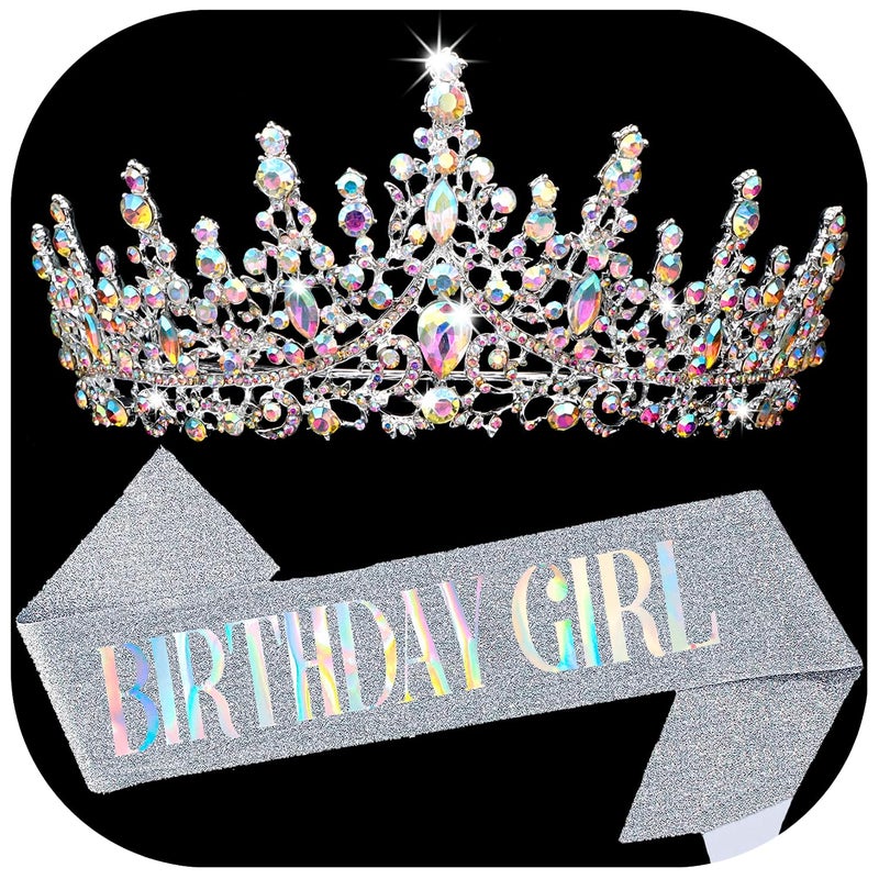 COCIDE BIRTHDAY GIRL Sash for Women Happy Birthday Sashes and Crowns for Girls Crystal Tiaras for Princess Silver Party Decoration for Gift Headband Supplies Accessories Favors - Image 1