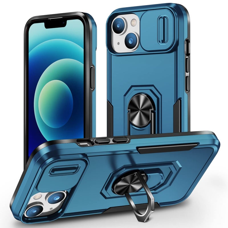 ShieldTech Polycarbonate Back Cover Case Compatible for Apple iPhone 15 Plus with Slide Camera Cover & Rotated Ring Stand | Military Grade Mobile Phone Cover Case for Apple iPhone 15 Plus (Blue) - Image 1