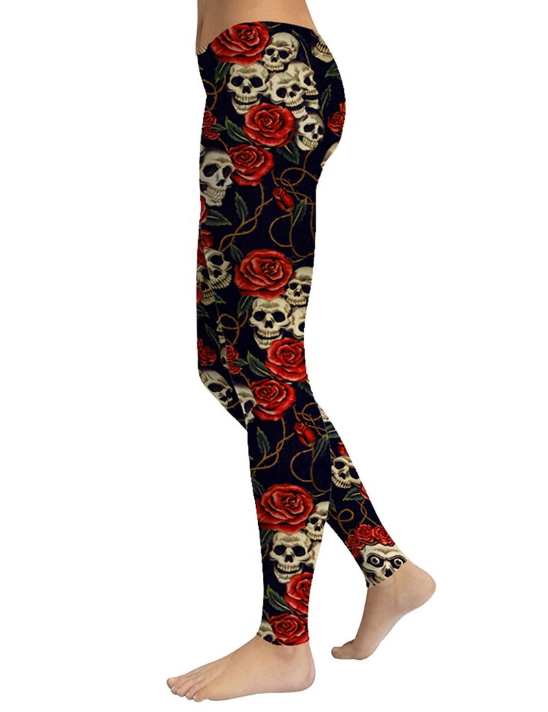 sissycos Women's Red Rose Skull Printed Leggings Buttery Soft Halloween Stretchy Pants (Red Rose Skull, Small) - Image 3
