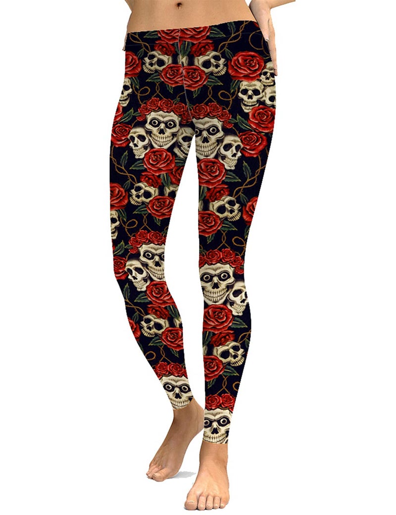sissycos Women's Red Rose Skull Printed Leggings Buttery Soft Halloween Stretchy Pants (Red Rose Skull, Small) - Image 5