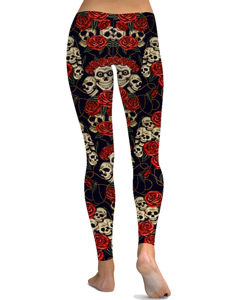 sissycos Women's Red Rose Skull Printed Leggings Buttery Soft Halloween Stretchy Pants (Red Rose Skull, Small) - Image 2