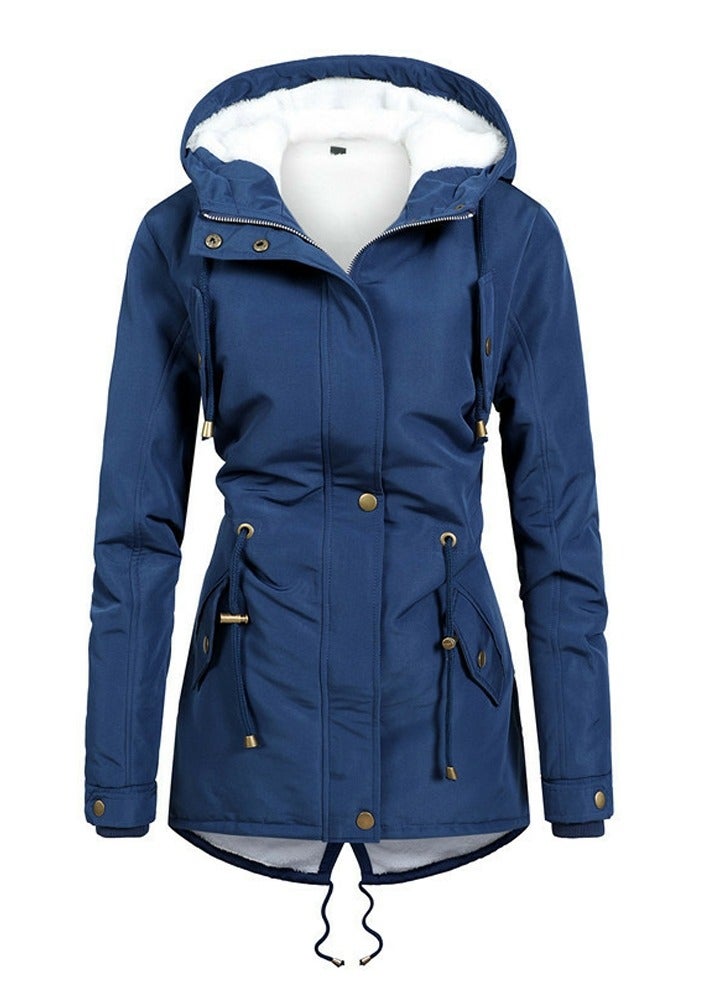 Loquat Women's Mid Length Warm Thick Coat Long Sleeve Hooded  Zippered Outer Garment Blue - Image 1