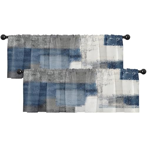 Emvency 2 Pack Valances Window Treatments Blue and Grey Abstract Modern Art Blackout Drapes Adjustable Curtain for Windows Living Room Kitchen Over Sink 52x18 Inch Rod Pocket Valances - Image 1