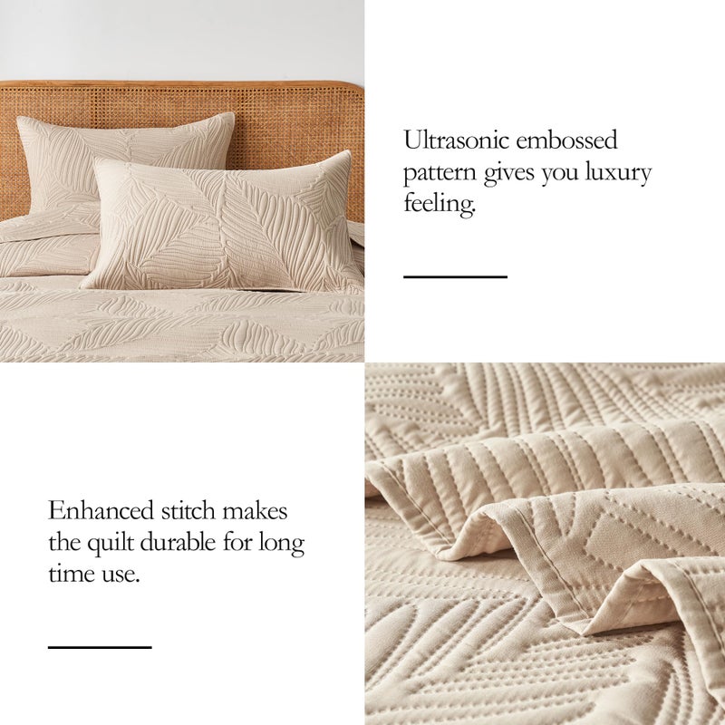 OARAGE King Quilt Bedding Set Lightweight Soft Beige Bedspread Coverlet with Leaf Pattern Ultrasonic Microfiber Bed Cover Set for All Season 3 Pieces (1 Quilt  2 Shams) - Image 5