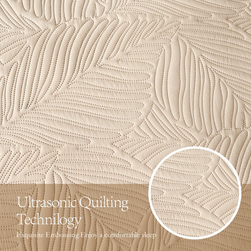 OARAGE King Quilt Bedding Set Lightweight Soft Beige Bedspread Coverlet with Leaf Pattern Ultrasonic Microfiber Bed Cover Set for All Season 3 Pieces (1 Quilt  2 Shams) - Image 4