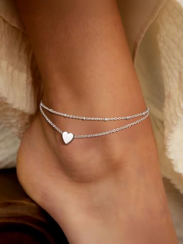 ChainsPro Ankle Chains for Women Stainless Steel Heart Anklet Sterling Silver Color Layered Anklets - Image 2