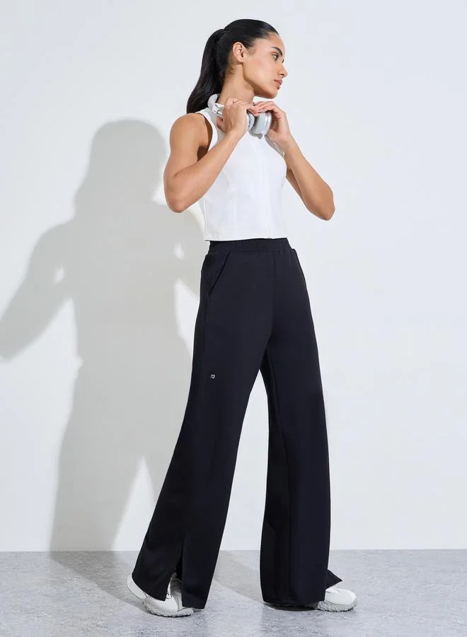 Styli Active Black Solid Wide Leg Side Slit Activewear Pants